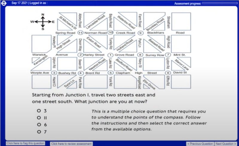 Screenshot of an example of the compass-point question in the topographical skills test