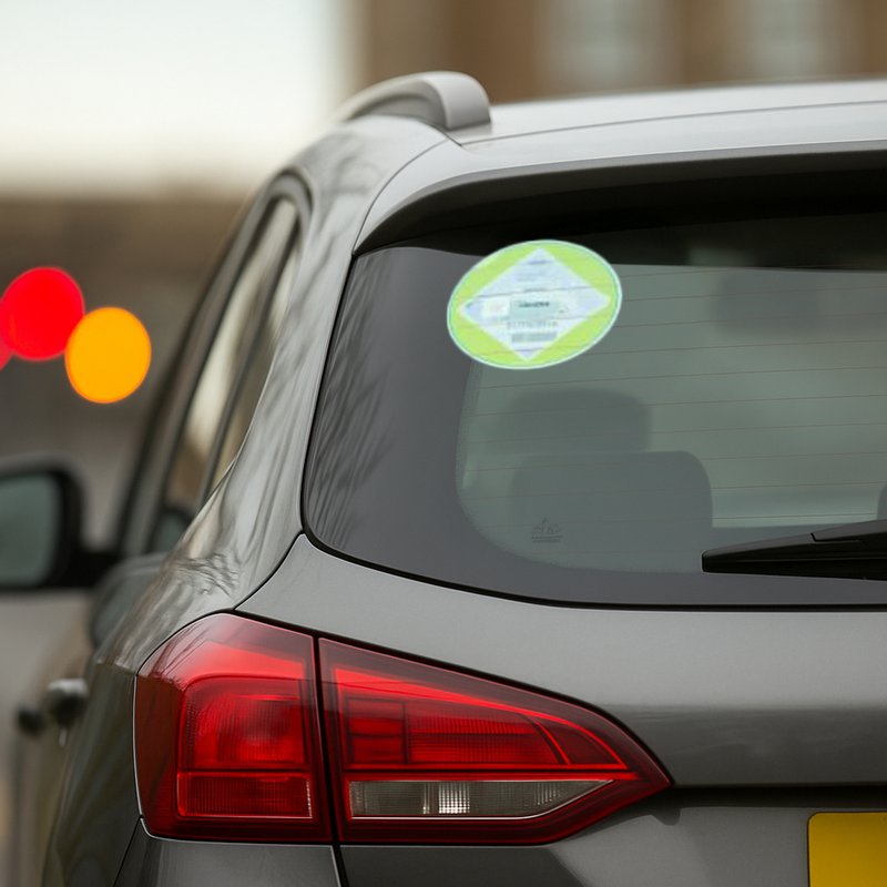 Car with licensing sticker